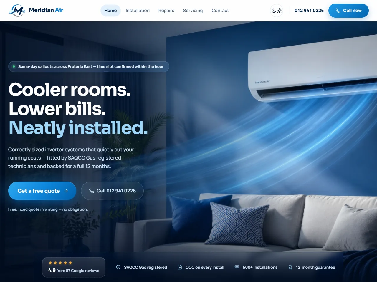 Home page of the Meridian Air Conditioning example site, with quote and call buttons over a photo of an installed indoor unit