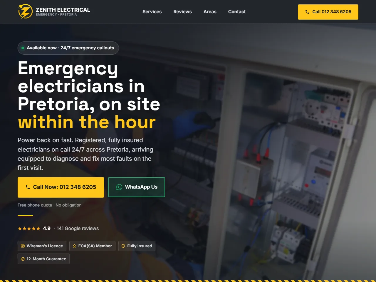 Home page of the Zenith Electrical example site, with call and WhatsApp buttons over a photo of a distribution board